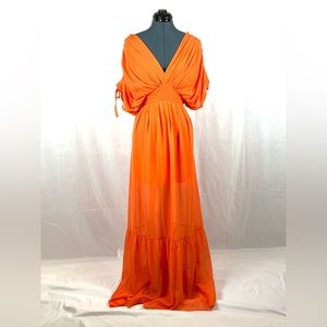 Light in the Box orange V-neck ruched maxi dress lined XL 181